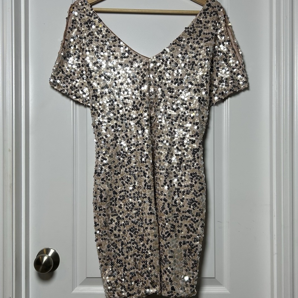 As U Wish Champagne Gold Mixed Sequin Flutter Sleeve V-Neck Bodycon Mini Dress